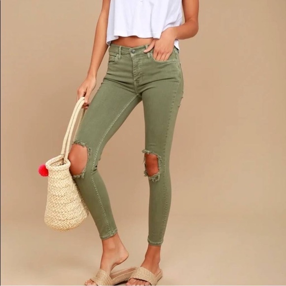 Free People Denim - Free People Busted Knee Skinny Jeans - Green, Size 27